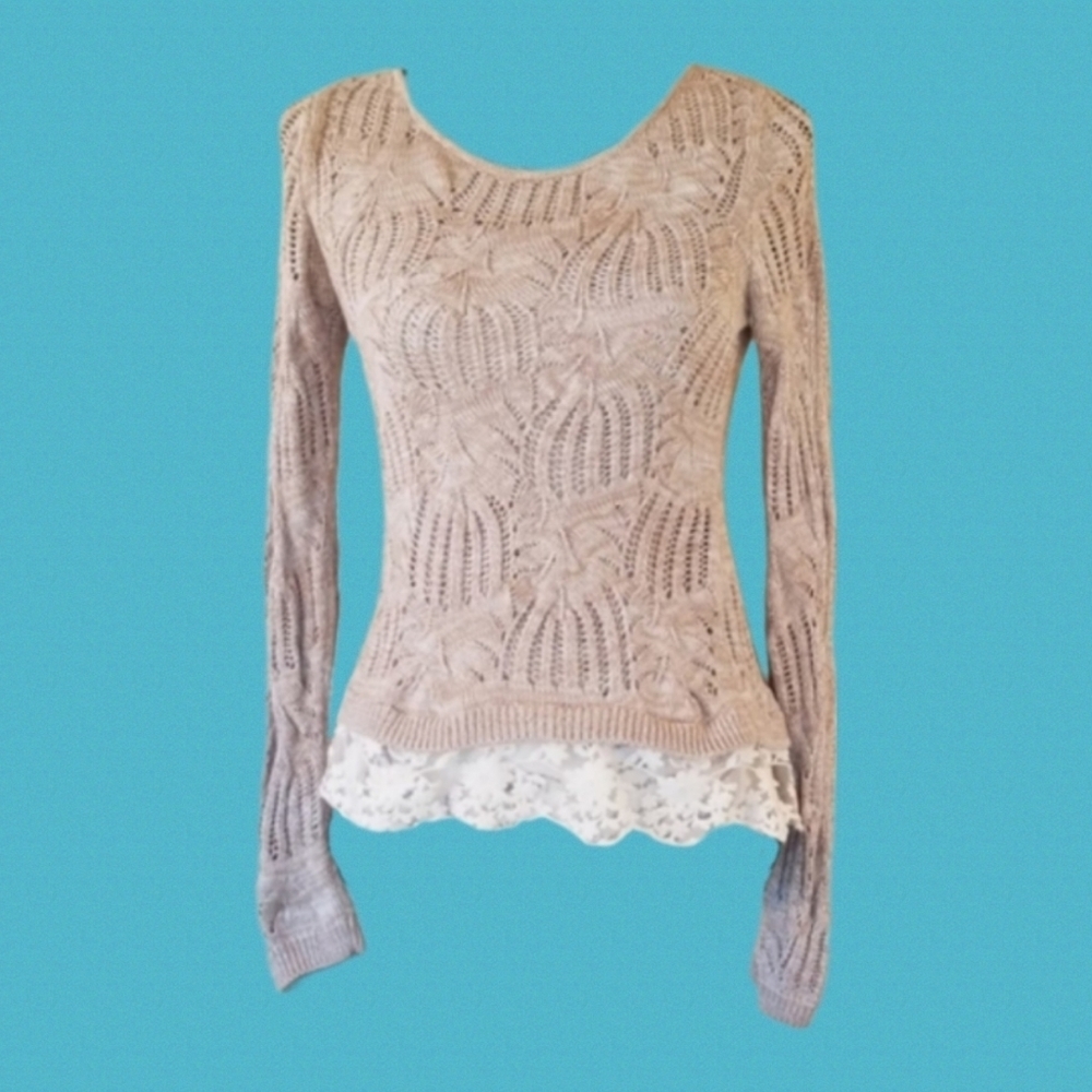 Lace Trim Tan Knit Sweater, S